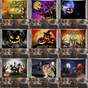 Halloween Tapestry Wall Hanging Polyester 3D Printed Pumpkin Castle Skeleton Ghost Creepy Festive Party Home Decor Backdrop