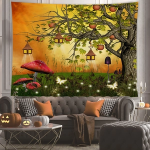 Fantasy forest tapestry with magic tree and lanterns hung in a modern living room setting