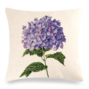 Detail of artistic hydrangea watercolor print on linen square cushion cover