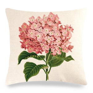 Detailed texture of linen pillowcase featuring vibrant pink hydrangea floral print