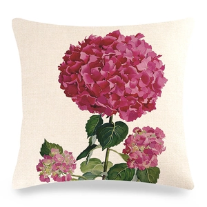 Detailed close-up of hydrangea flower print on linen fabric square pillowcase