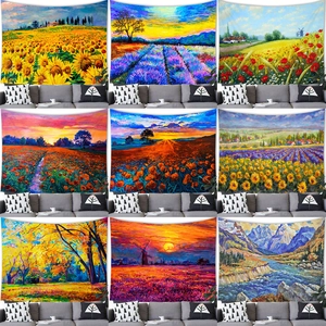 Tapiz de Paisaje Artístico Pintura al Óleo Impresionista Campo de Flores Montaña Bosque Escenario Decoración de Pared Hogar