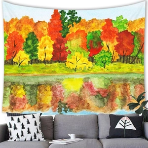 Tapiz decorativo de pared con paisaje de pintura al óleo otoñal y reflejos en el agua