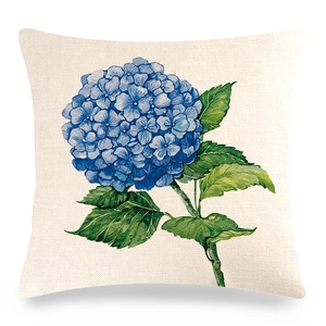 Linen pillowcase featuring a blooming blue hydrangea watercolor floral design on a white base
