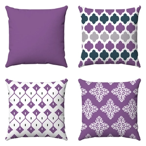 Set of four purple square pillow covers featuring assorted geometric and floral patterns