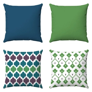Set of four geometric floral soft pillow covers in blue, green and teal tones