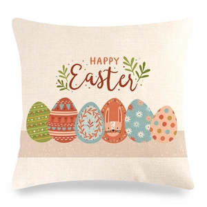 Dettaglio della federa in lino Happy Easter con motivi di uova colorate e trama