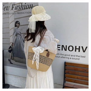 Detail of woven straw bag and hat set with elegant white lace bows for summer beach trips