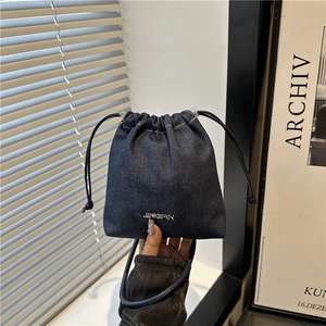 Women Denim Bucket Bag Casual Crossbody Bag Drawstring Closure Fashion Letter Decor Minimalist Shoulder Bag Daily Handbag