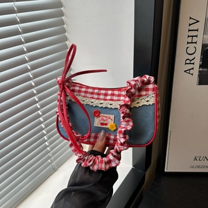 Vintage Japanese Style Denim Patchwork Shoulder Bag Sweet Cherry Gingham Pattern Crossbody Small Square Bag For Women Daily Wear