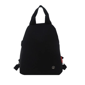 Versatile black canvas backpack and handbag with round metal M logo and fashion tag
