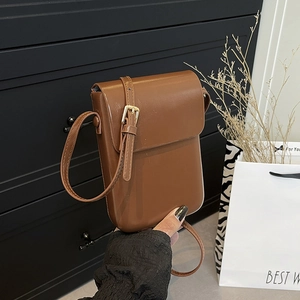 Bolso bandolera vertical de cuero marrón oscuro para mujer con correa ajustable