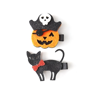 Halloween glitter pumpkin and black cat hair clips set for festive party accessories