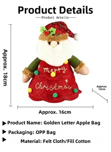 Detail showing 3D Santa plush candy bag with Merry Christmas gold embroidery and dimensions