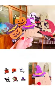 Detail of Halloween hair clips featuring 3D pumpkin ghost bat and wizard hat shapes