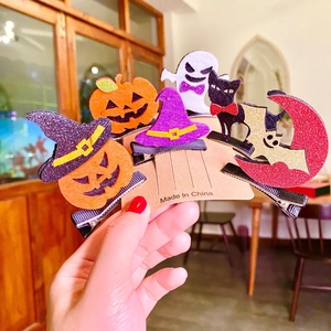 Halloween Hair Clips For Kids Felt Glitter Pumpkin Ghost Bat Black Cat Wizard Hat 3D Party Hair Accessory Girls Women