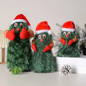 Three plush musical Christmas tree toys with red hats and gloves for holiday decoration