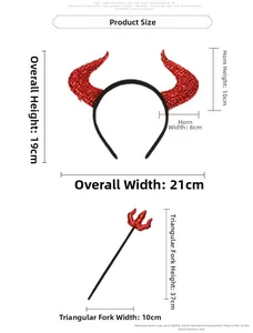 Size chart for Halloween devil horn headband and red sequin trident pitchfork accessory