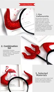 Detail of red sequined devil horn headband and trident for Halloween cosplay party decor