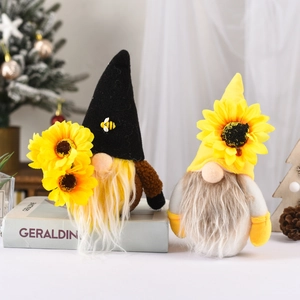 Pair of festive fall sunflower gnomes with honeybee accents for seasonal home decor