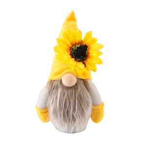 Harvest Festival sunflower gnome plush toy with yellow pointed hat and grey faux beard