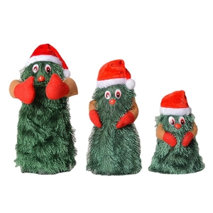 Three sizes of dancing electric Christmas tree plush toys with red hats and singing feature