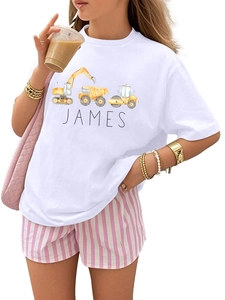 Detail of custom James cartoon engineering truck print on a white crew neck cotton T-shirt