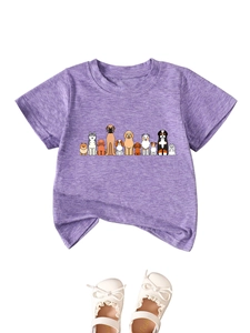 Purple cotton kids T-shirt with dog illustrations and lace Mary Jane shoes on white background
