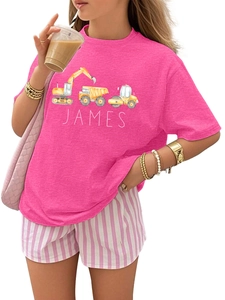 Pink crew neck t-shirt for kids featuring cartoon construction trucks and James print