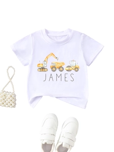 Detailed close-up of a white cotton kids T-shirt with watercolor construction trucks