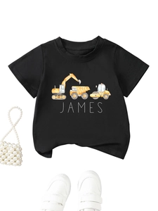 Flat lay of black cotton kids T-shirt with watercolor construction truck and James text