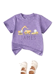Detailed flat lay of heather purple kids t-shirt with custom trucks and James print