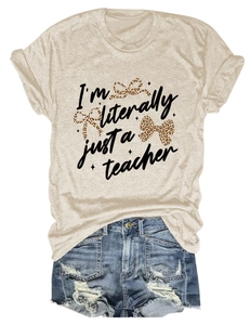 Detail of cotton T-shirt featuring 'I'm literally just a teacher' text and leopard bow