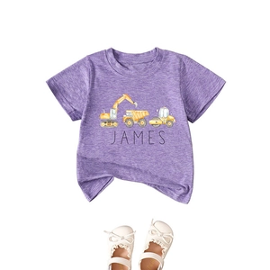 Purple children's T-shirt with yellow construction vehicle print and white baby shoes