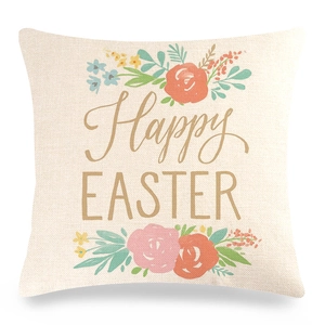 Federa in lino per Pasqua con motivi floreali colorati e scritte festive