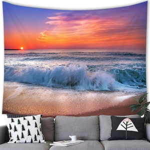 Macro detail of tropical sunset beach tapestry with vivid purple and orange ocean waves