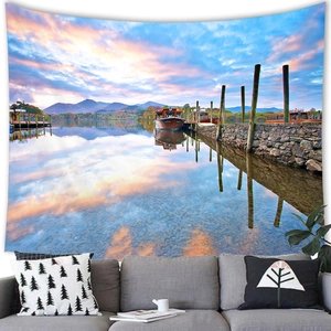 Detail of the high-definition sunset lake landscape printed on a wall hanging tapestry