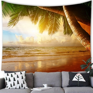 Detailed texture of tropical sunset tapestry showing palm trees on a modern living room wall