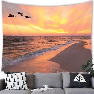 Detailed high-quality print showing sunset beach scene on a large wall tapestry