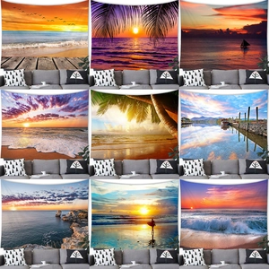Sunset Beach Landscape Tapestry Polyester Wall Hanging Tropical Palm Tree Digital Print For Living Room Bedroom