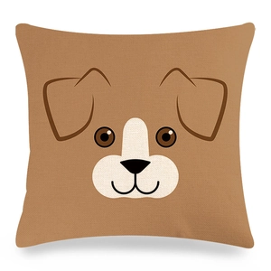 Macro detail of cartoon dog face printed on natural linen blend square cushion cover