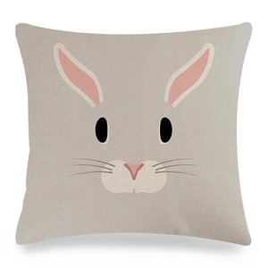 Detail of linen pillowcase with cute grey rabbit animal face print and fabric texture