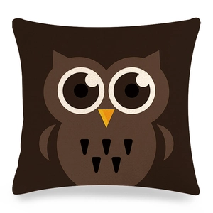Linen square pillow cover with cute brown cartoon owl face on a white background
