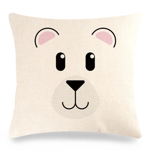 Minimalist cartoon bear face linen throw pillow cover with cute animal print on white background