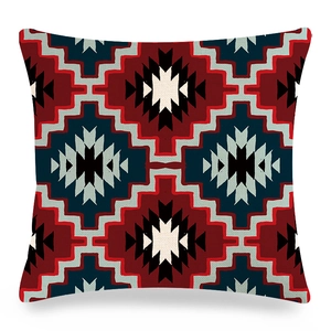 Housse de coussin en lin avec motif géométrique ethnique en rouge et bleu marine pour canapé