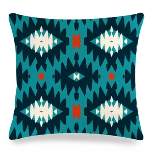 Housse de coussin carrée en lin aux motifs géométriques dans les tons bleu et bleu marine