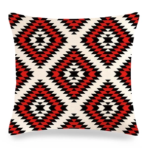 Housse de coussin en lin avec motif géométrique de losanges rouge et noir pour canapé