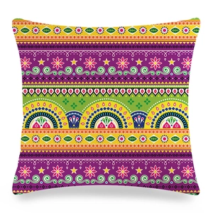 Ethno Boho Leinen Kissenbezug mit bunten Mandala Mustern und geometrischen Streifen