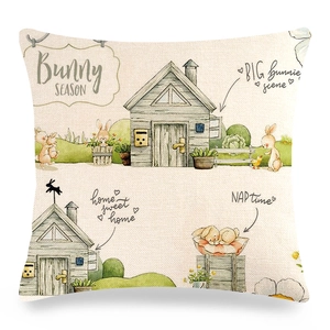 Texture détaillée de housse de coussin en lin avec jardin de lapins et chalets dessinés