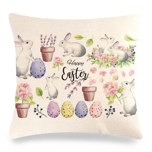 Détail de la housse de coussin de Pâques en lin avec lapins, œufs et motifs floraux